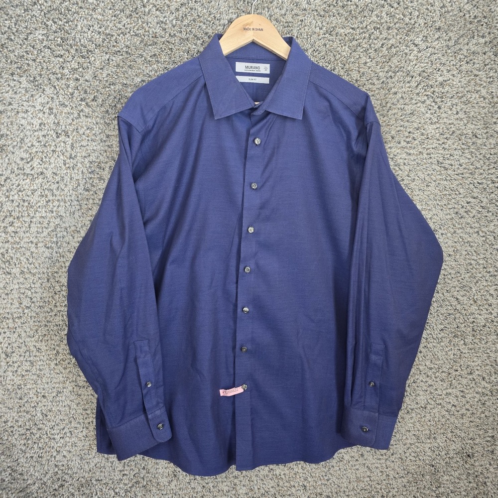 Murano Dress Shirt Mens 17.5 35 Blue Button Up Slim Fit Stretch Cotton Career